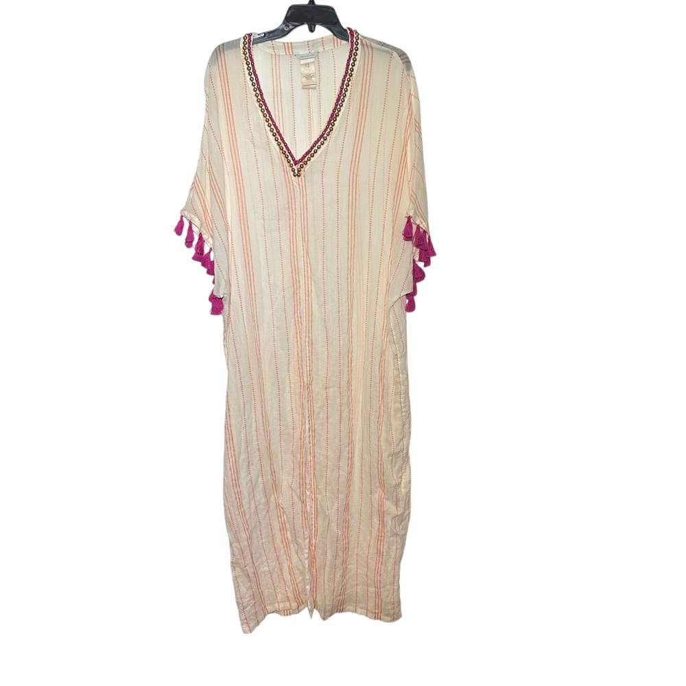 Trina Turk Cream Striped Boho Bohemian Resortwear Beach Coverup Kaftan S/M